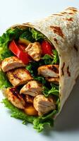 Delicious chicken wrap filled with fresh vegetables, ideal for a nutritious meal on a busy day photo