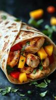 Grilled chicken wrap with fresh mango and vegetables served on a rustic surface photo