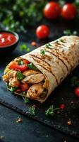 Delicious wrap filled with grilled chicken, fresh vegetables, and salsa served on a dark surface photo