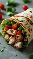 Grilled chicken wrap with fresh vegetables served on a rustic surface in natural light photo