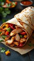 Delicious chicken fajita wrap filled with grilled vegetables on a rustic wooden table photo