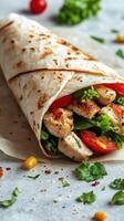 Delicious grilled chicken wrap with fresh vegetables in a soft tortilla on a light background photo