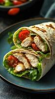 Delicious grilled chicken wrap with fresh vegetables served on a blue plate during a casual meal photo