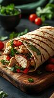 Grilled chicken wrap with fresh vegetables on a wooden board in a cozy kitchen setting photo