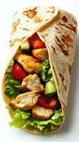 Grilled chicken wrap with fresh vegetables served on a warm tortilla for a healthy lunch option photo
