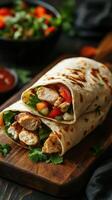 Delicious grilled chicken wraps with fresh vegetables on a wooden board in a cozy setting photo