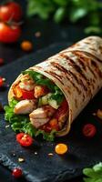 Delicious grilled chicken wrap with fresh vegetables on a dark stone surface photo