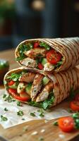 Delicious grilled chicken wraps with fresh vegetables and herbs served in a cozy cafe setting photo