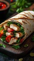 Freshly made grilled chicken wrap filled with lettuce and tomatoes on a wooden board photo