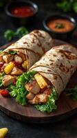 Delicious chicken wraps with fresh vegetables and tangy sauces served on a wooden board photo
