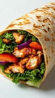 Delicious grilled chicken wrap filled with fresh vegetables on a white background photo