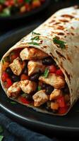 Delicious chicken burrito filled with black beans and fresh vegetables on a plate photo