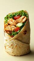 Tasty chicken wrap with fresh vegetables served on a neutral background photo