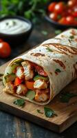 Grilled chicken wrap filled with fresh vegetables served on a wooden board with dipping sauce photo