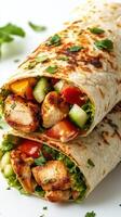 Freshly made chicken wrap with vegetables and herbs served on a white plate photo