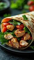 Grilled chicken wrap filled with fresh greens and tomatoes on a dark plate at a casual dining setting photo
