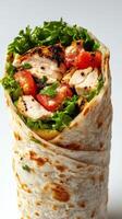 Freshly made chicken wrap filled with lettuce and tomatoes ready to be enjoyed photo