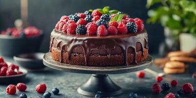 Delicious chocolate cake topped with fresh berries in a cozy kitchen setting photo