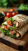Delicious grilled chicken wraps with fresh lettuce and tomatoes on a wooden cutting board photo