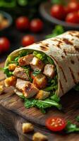Delicious wrap filled with grilled chicken, fresh greens, and cherry tomatoes served on wooden board photo