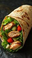 Fresh grilled chicken wrap filled with crisp vegetables and greens ready for a delicious meal photo