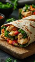Freshly made chicken wrap with colorful vegetables served on a wooden board in a cozy kitchen setting photo