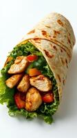 Grilled chicken wrap with fresh vegetables and lettuce served on a white background for a healthy meal option photo