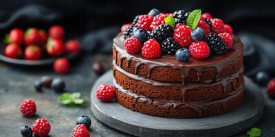Decadent chocolate cake topped with fresh berries and mint leaves on a dark background photo