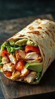 Delicious chicken wrap filled with fresh vegetables and avocado served on a wooden board photo