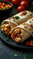 Delicious chicken wraps served on a black plate garnished with fresh vegetables and herbs at a kitchen setting photo