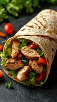 Grilled chicken wrap with fresh vegetables served on a dark stone background photo