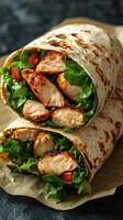 Grilled chicken wrap filled with fresh greens and tomatoes presented on a rustic surface photo