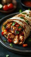 Grilled chicken wrap filled with fresh vegetables and herbs served on a dark plate photo