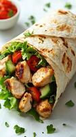 Grilled chicken wrap filled with fresh vegetables and herbs ready to be enjoyed on a sunny day photo