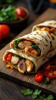 Fresh grilled chicken wraps with vegetables served on wooden board during a cozy meal time photo