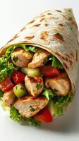 Grilled chicken wrap filled with fresh vegetables in a soft tortilla served on a clean surface photo