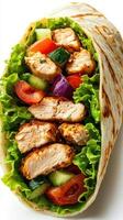 Grilled chicken wrap filled with fresh vegetables and greens served on a white background for a healthy meal option photo