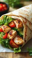 Delicious grilled chicken wrap with fresh vegetables and lettuce in a warm tortilla served with salsa photo