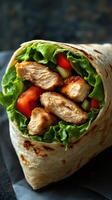 Grilled chicken wrap with fresh vegetables served on a dark background in a casual dining setting photo