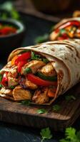 Delicious grilled chicken wrap with fresh vegetables and herbs served on a wooden board photo