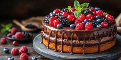 Delicious chocolate cake topped with fresh raspberries, blueberries, and blackberries on a rustic table photo