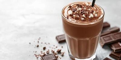 Creamy chocolate drink topped with shaved chocolate and marshmallows served in a glass photo