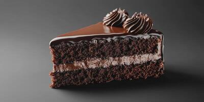 Decadent chocolate cake slice showcasing rich layers of cream and frosting on a dark background photo