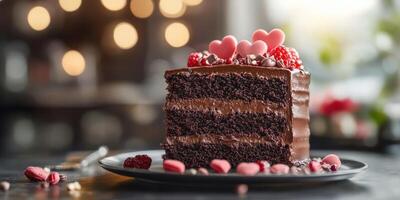 Delicious chocolate layer cake topped with pink hearts and raspberries in a cozy cafe setting photo