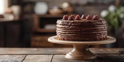 Chocolate cake with decorative berries displayed on a wooden pedestal at a cozy kitchen setting photo
