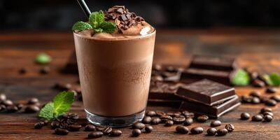 Creamy chocolate coffee shake with mint garnish and dark chocolate on wooden table photo