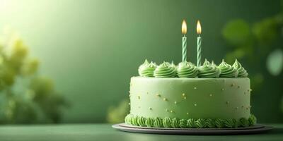 Green cake with two lit candles on a decorative table in a cozy indoor setting during a celebration photo