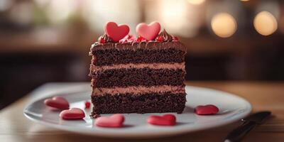 Delicious chocolate cake with heart-shaped decorations served on a plate in a cozy cafe setting photo