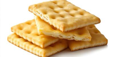 Delicious stack of golden crackers with a crispy texture and a savory flavor arranged neatly on a white background photo