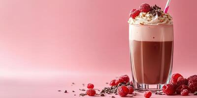 Creamy raspberry chocolate milkshake garnished with whipped cream and chocolate on a pink background photo
